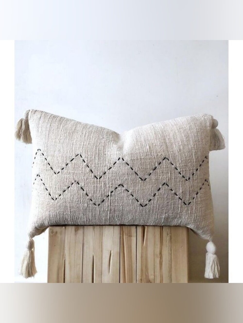 Handwoven Neutral Chevron Tassel Pillow